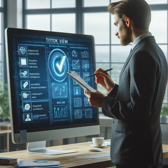 In a well-lit office, a professional reviews a checklist on a screen, ensuring secure and ethical TikTok view purchases.