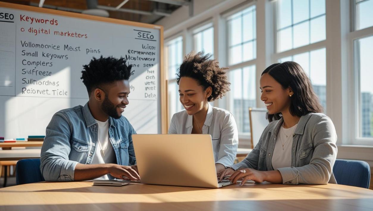 Small diverse marketing team reviewing SEO analytics together in bright collaborative workspace.