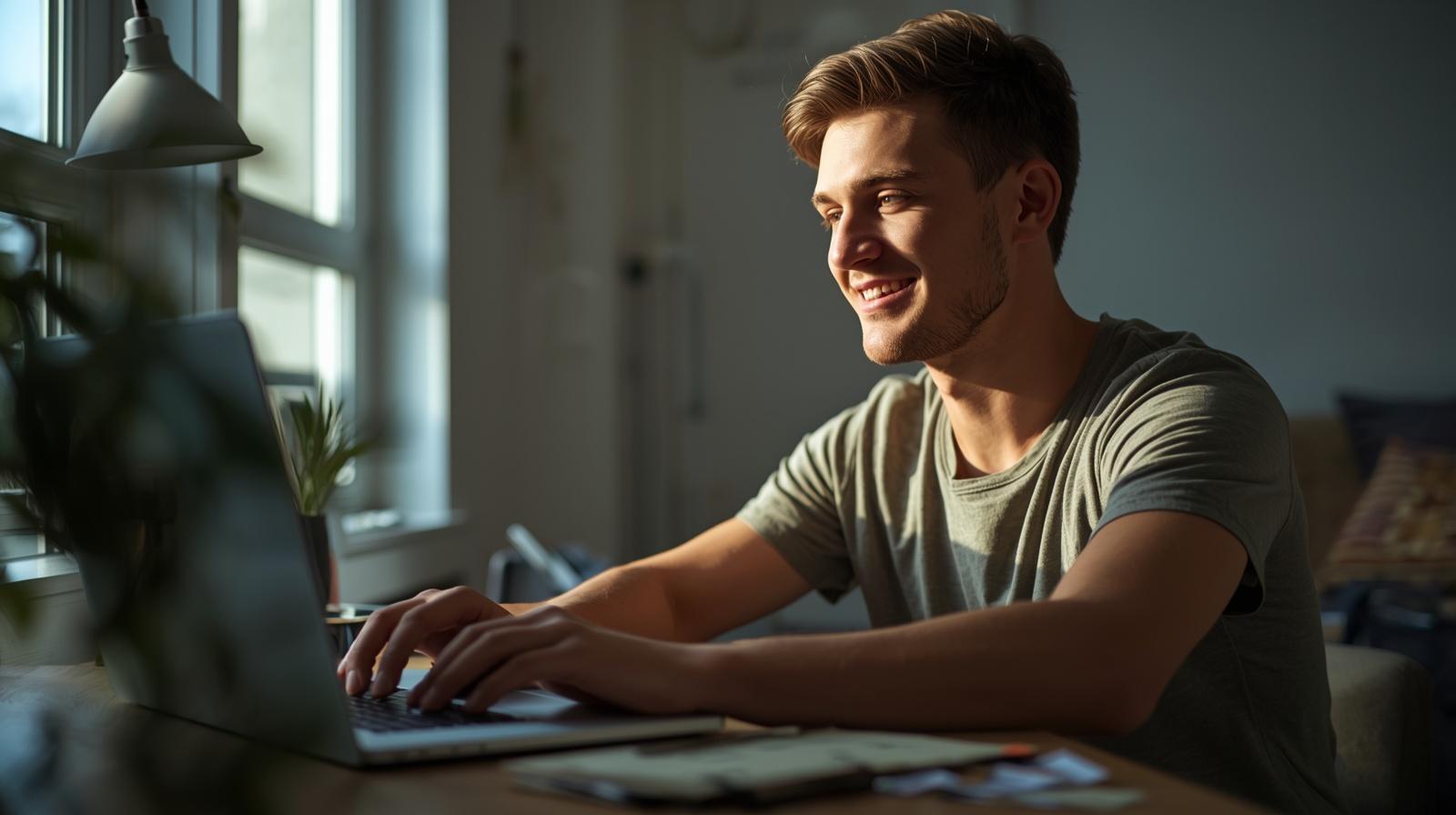 Man comfortably completing smooth online transaction on laptop with relaxed expression.